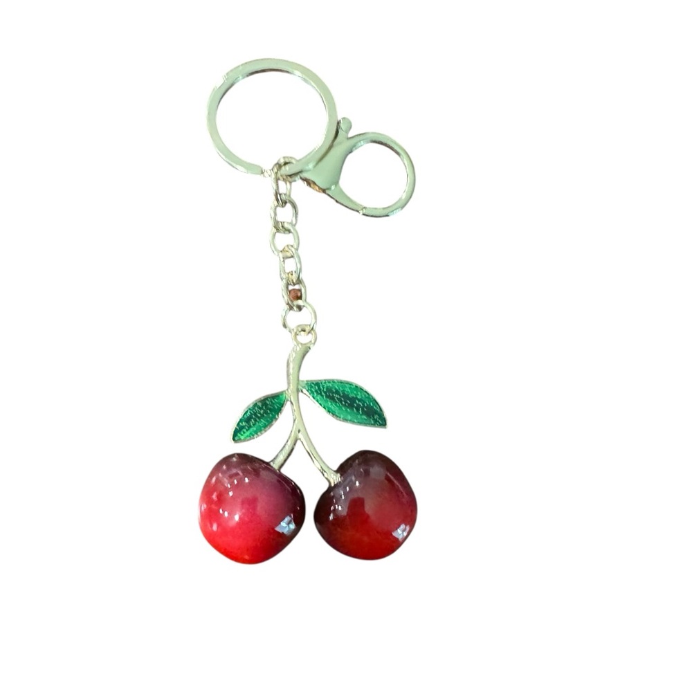 Cherry Keychain with Green Leaves